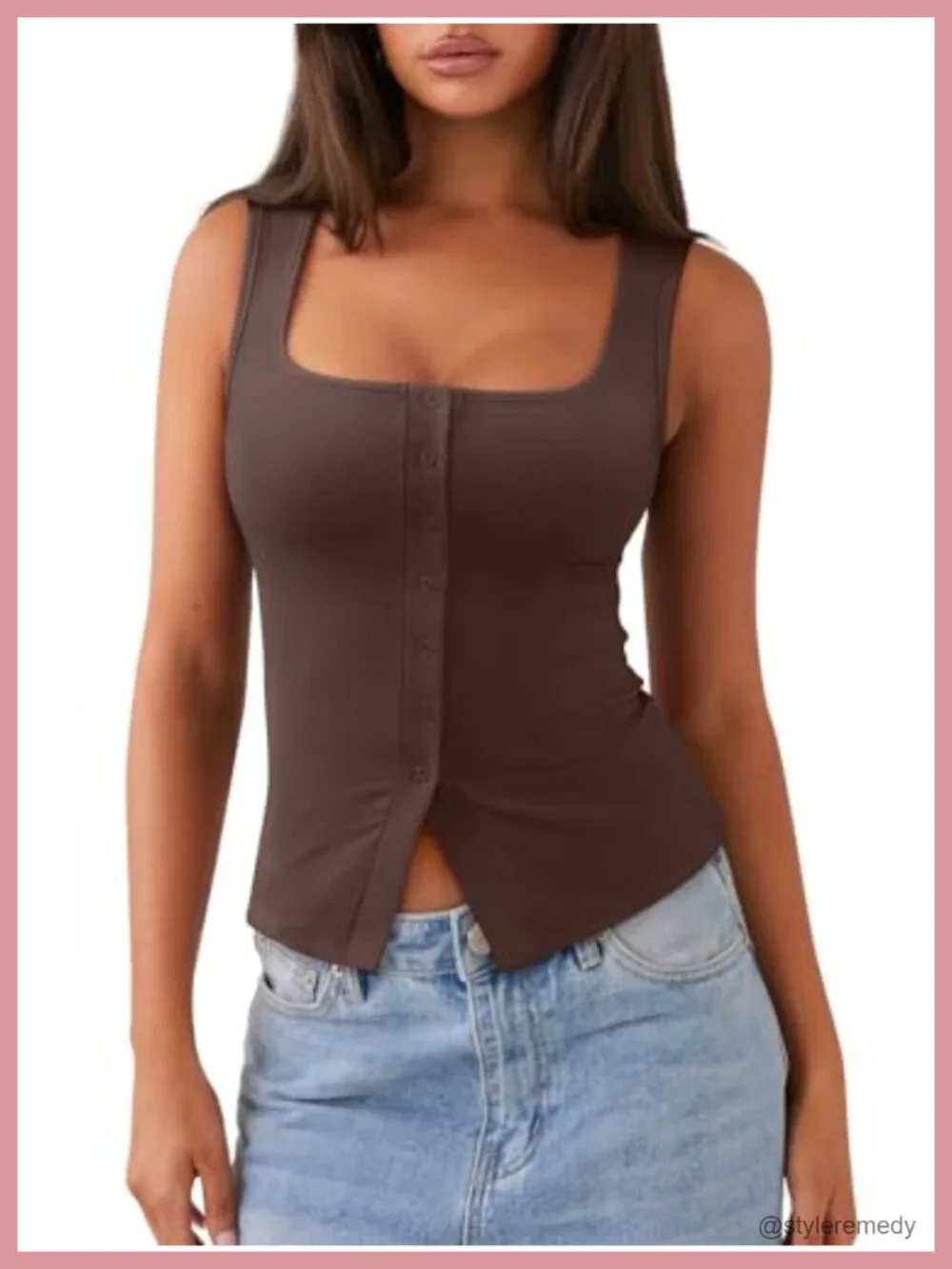 Ribbed Square Neck Crop Tank Top Sleeveless Button Down Vest